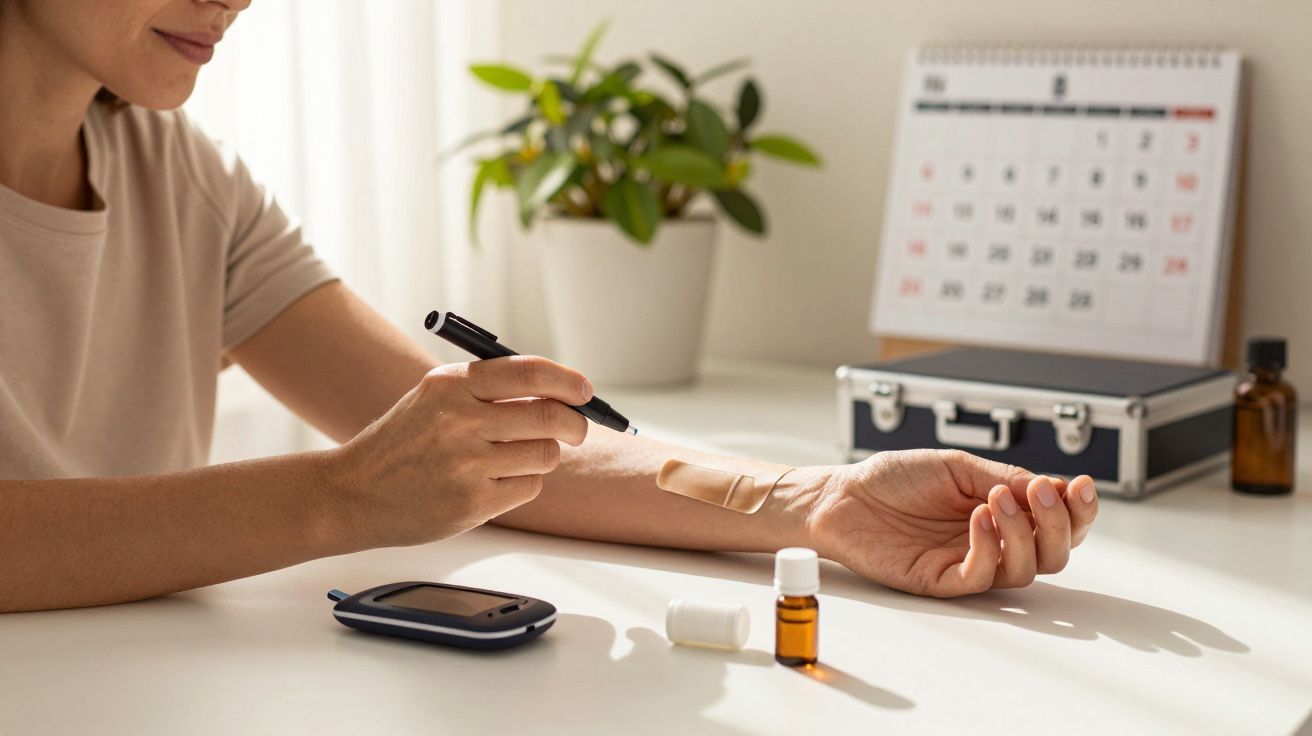 Pessoa faz teste de glicemia no braço com kit médico sobre mesa, com planta e calendário ao fundo.