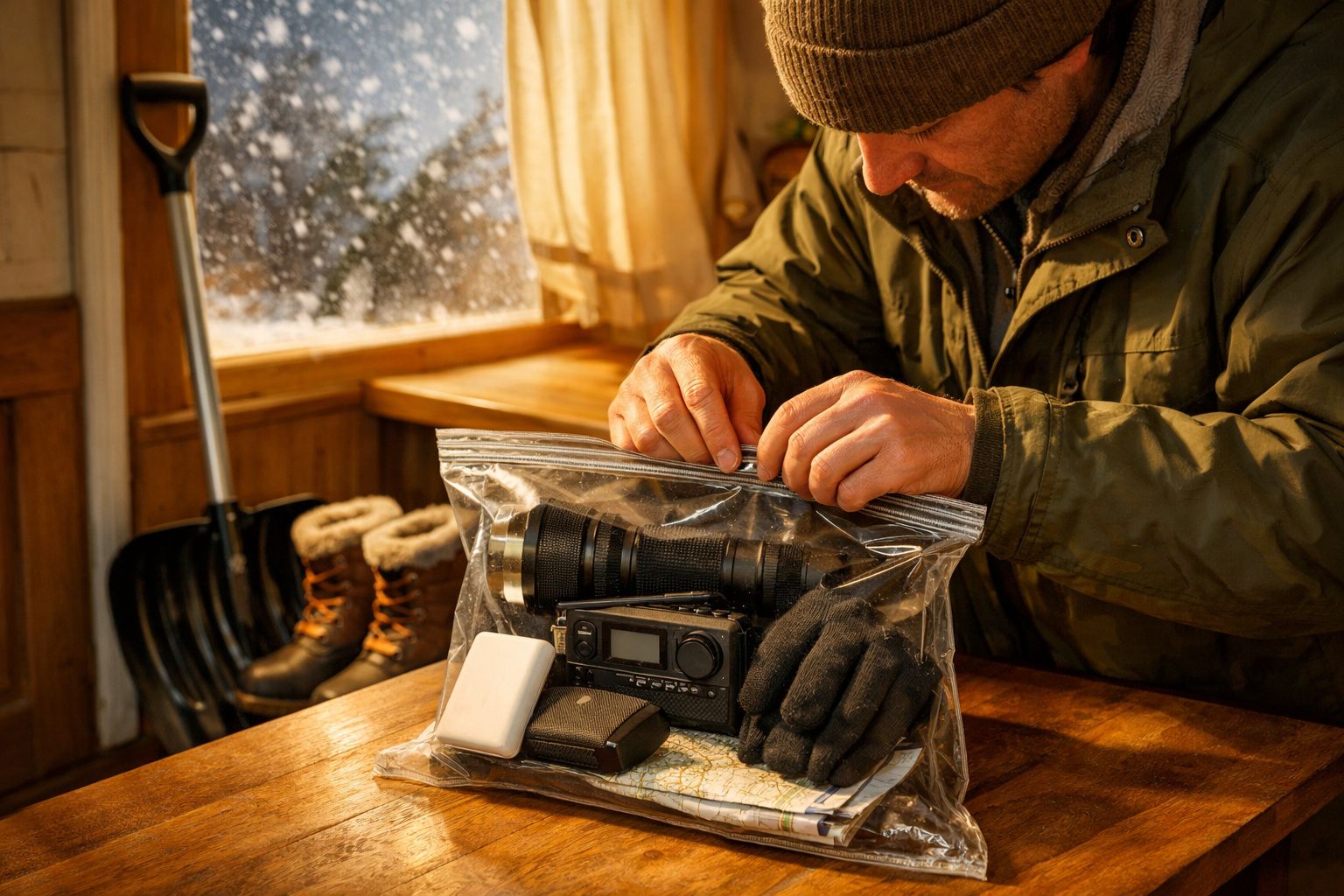 Homem com casaco espirra junto à janela, neve lá fora. Rádio e medicamentos na mesa.