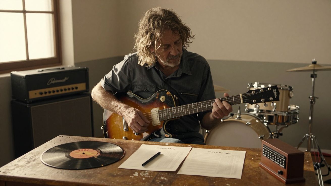 Homem tocando guitarra elétrica numa sala com amplificador, bateria, folha de música e vinil sobre a mesa.