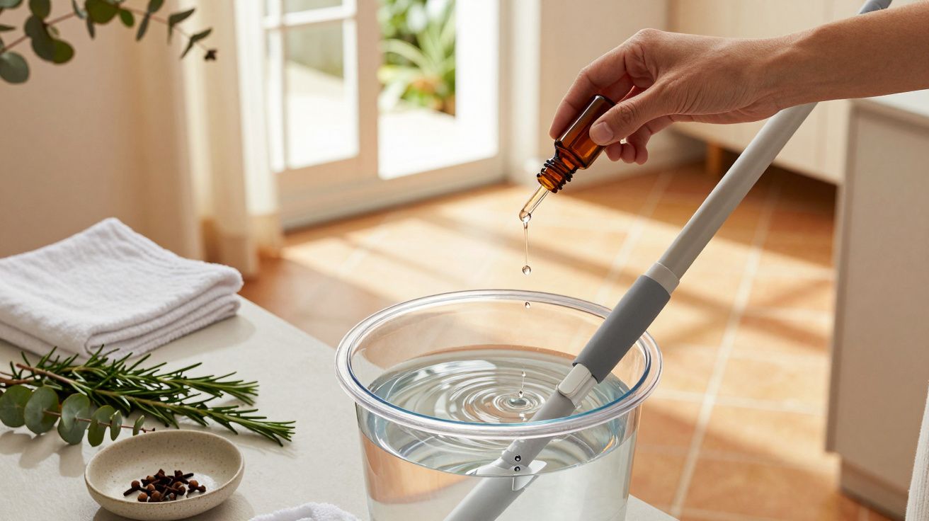 Mão pingando óleo essencial num balde com água, ao lado de pano branco, ramo de eucalipto e prato de cravos.
