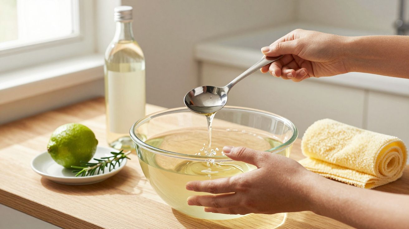 Mão adiciona líquido a uma tigela de água com um copo medidor em cozinha iluminada por janela, com limão e toalha à vista.