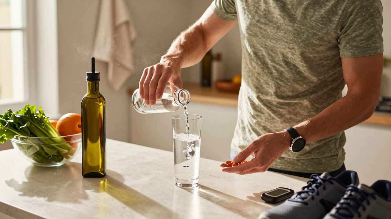 Homem serve água num copo enquanto segura comprimidos, na cozinha iluminada pelo sol.