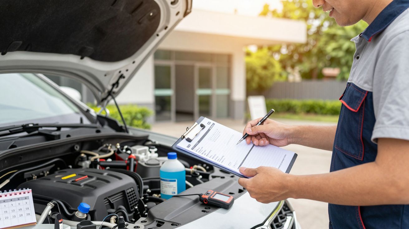 Mecânico inspeciona motor de carro com capô aberto, fazendo anotações numa folha de papel.