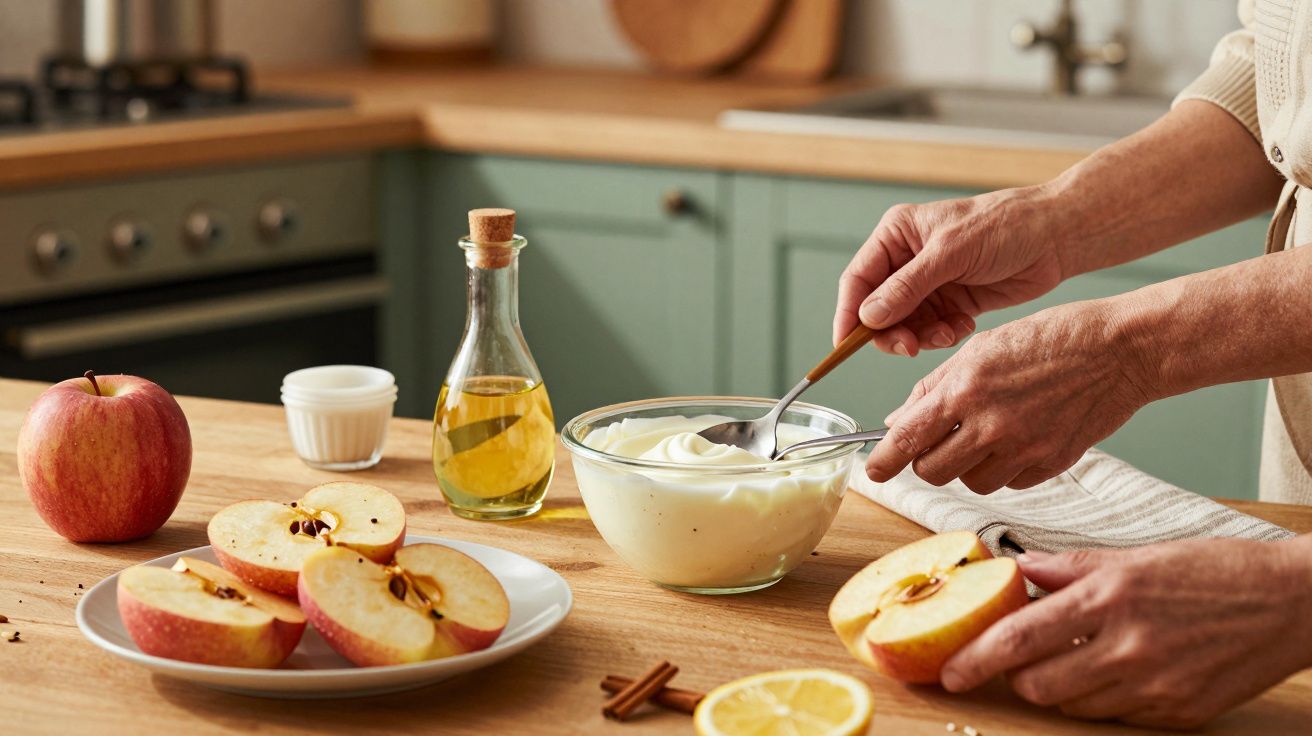 Pessoa prepara maçã com iogurte numa cozinha, com ingredientes como canela e óleo ao lado.