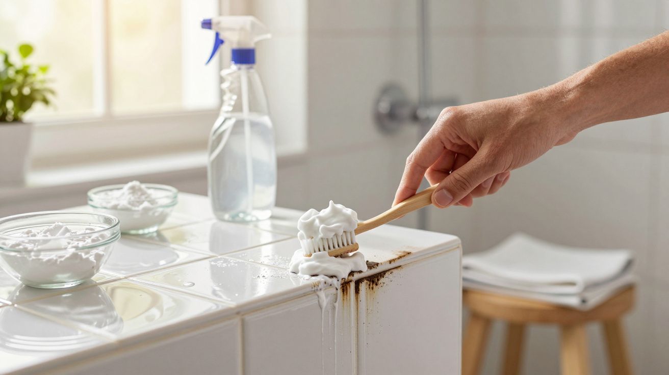 Pessoa limpa sujidade em azulejo com escova e espuma, com taças e pulverizador ao fundo numa casa de banho iluminada.