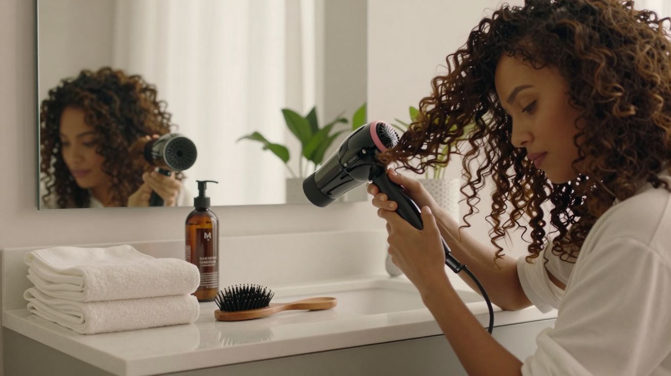 Mulher de cabelo encaracolado a usar um secador de cabelo na casa de banho, com toalhas e escova no lavatório.