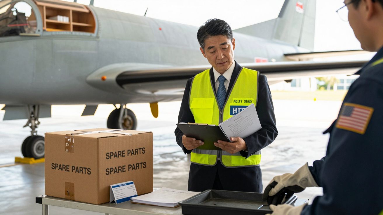 Homem de colete amarelo verifica lista ao lado de caixas de peças sobressalentes em hangar com avião cinza ao fundo.