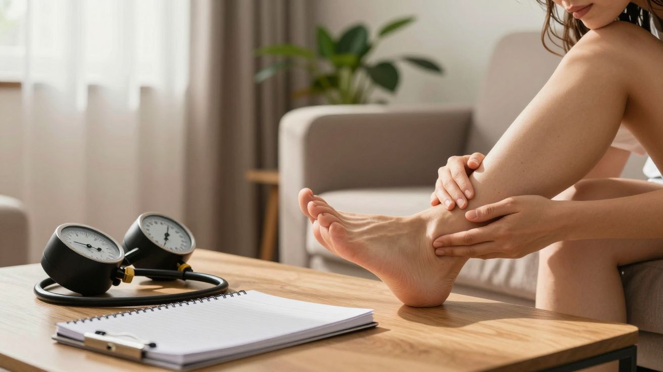 Mulher massaja o tornozelo numa sala de estar, com esfigmomanómetro e caderno na mesa ao lado.