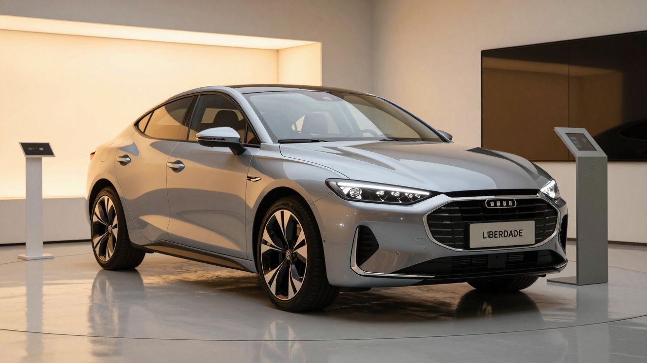 Carro Audi cinzento num showroom com iluminação suave e placa "Liberdade".