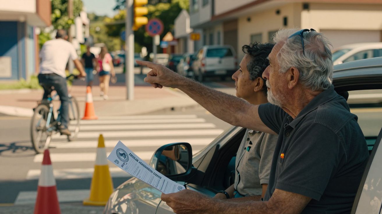 Dois homens num carro apontam para a estrada enquanto um ciclista passa numa zona urbana.