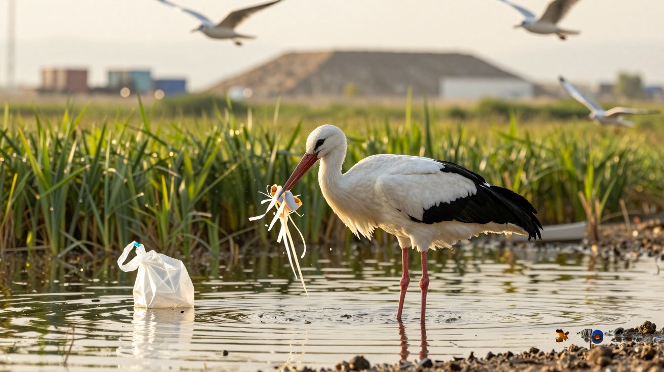 Cegonha em lagoa com plástico no bico, rodeada por outras aves em voo.