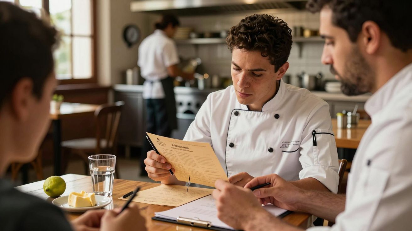 Chef em uniforme branco lê cardápio em reunião com equipe de cozinha em restaurante.