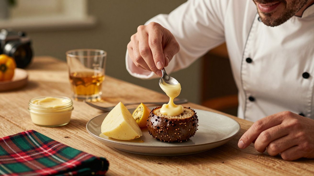 Chefe adiciona molho cremoso a sobremesa num prato com queijo e chávena de vidro.