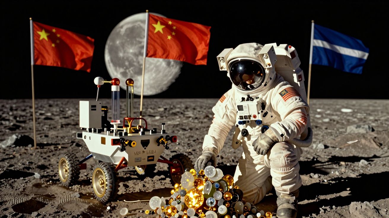 Astronauta na Lua junta pedras preciosas; bandeiras da China e Escócia ao fundo com um rover lunar.
