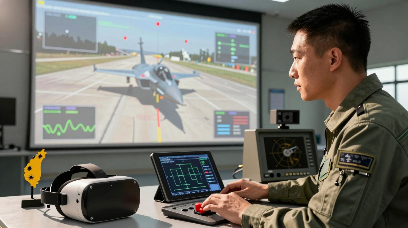 Homem fardado usa simulador de voo com ecrã grande mostrando um avião na pista.