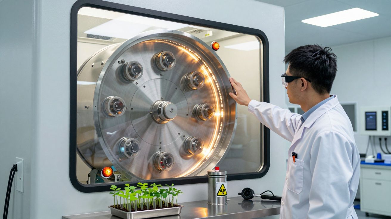 Cientista em laboratório observa dispositivo circular grande ao lado de plantas em crescimento numa mesa metálica.