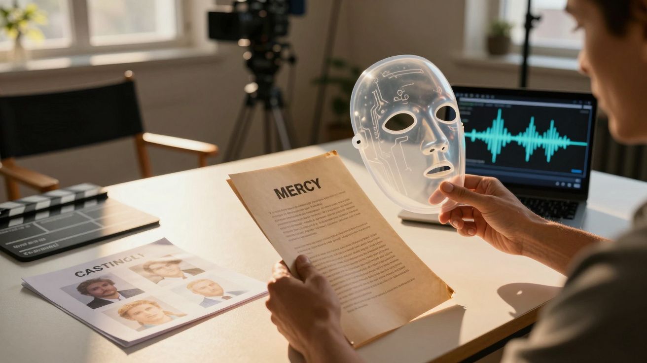 Pessoa segura um guião e uma máscara transparente numa mesa com fotos, um computador e uma claquete de filmagem.