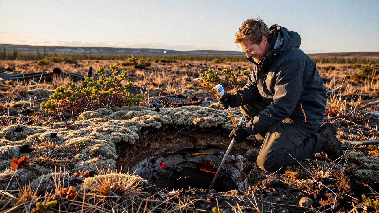 Homem de joelhos na tundra, medindo a temperatura de um buraco no solo coberto de musgo, ao pôr do sol.