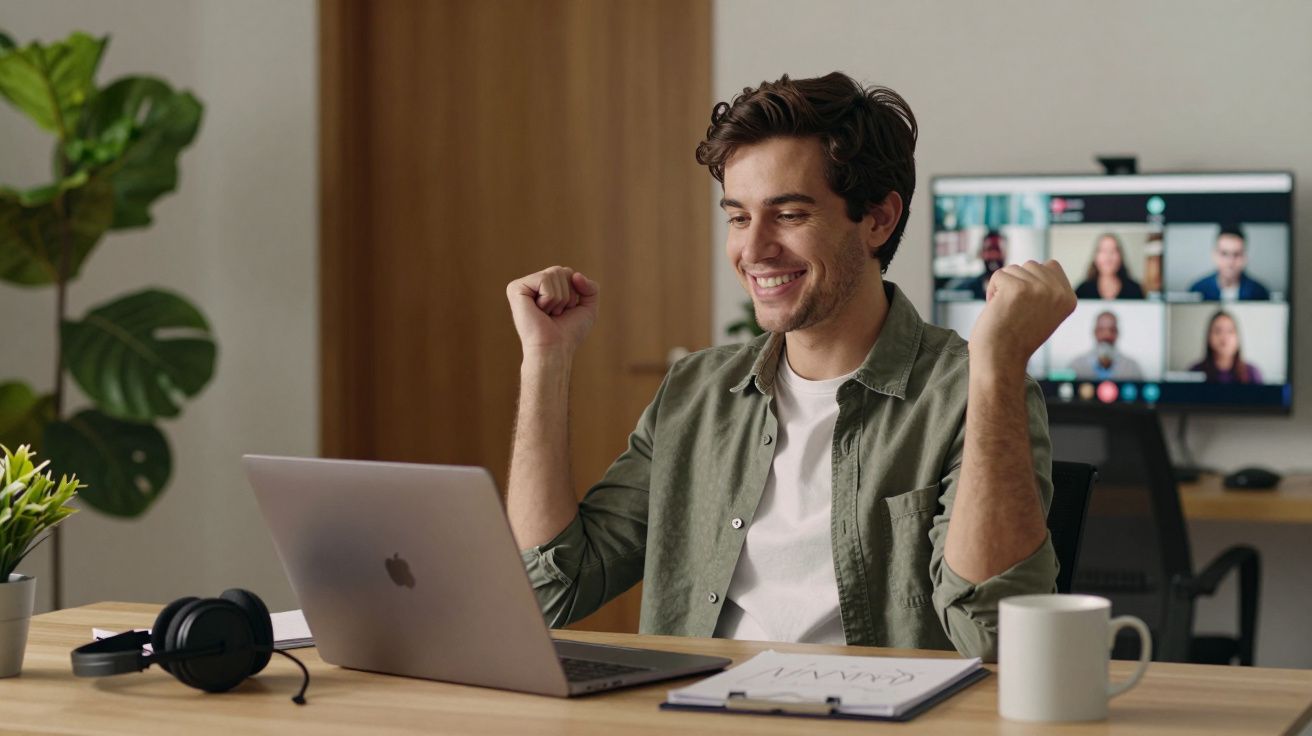 Homem sorridente, sentado à mesa com portátil, celebra durante vídeo chamada; auscultadores e chávena ao lado.