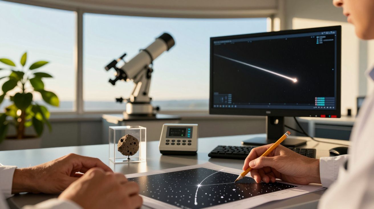 Cientista analisa gráfico astronómico num escritório com telescópio e computador mostrando cometa.