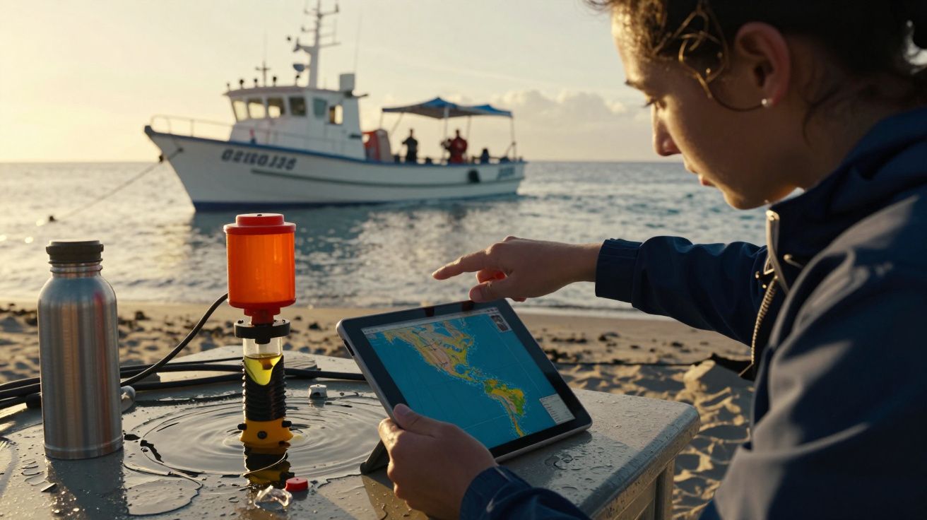 Pessoa usa tablet com mapa na praia, barco ao fundo, sol ao pôr do sol.