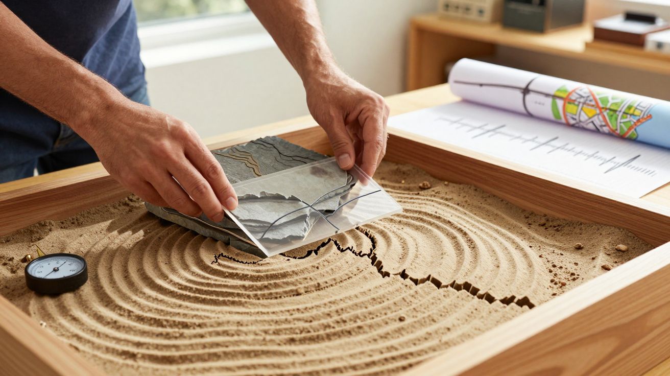 Homem ajusta mapa sobre caixa de areia com padrão circular, cronómetro e folha impressa ao fundo.