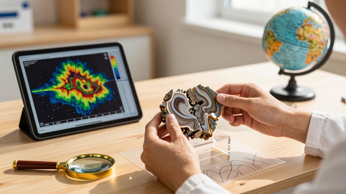 Pessoa segura geodo, tablet com gráfico colorido e globo terrestre na mesa de madeira.