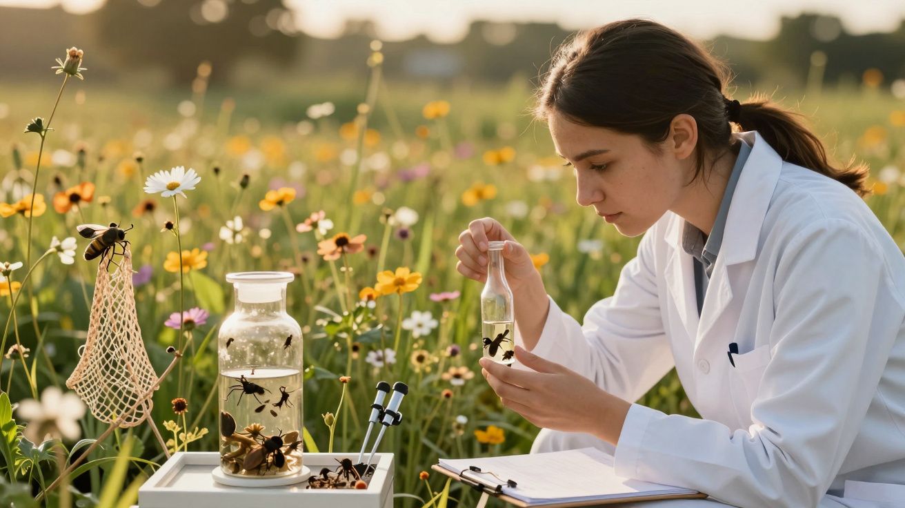 Cientista observa abelhas em frascos num campo florido, vestindo bata branca, com rede e bloco de notas ao lado.