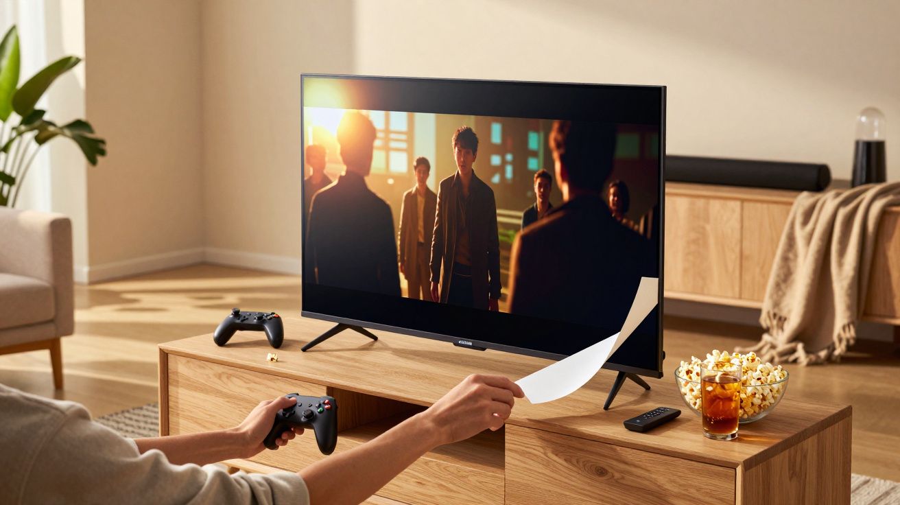 Pessoa joga videojogo numa sala, ao lado de uma TV com cena de ação, comando, papel, pipocas e bebida na mesa.