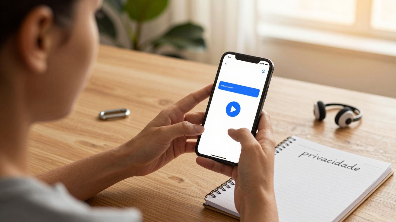 Pessoa segura smartphone com ícone de reprodução, bloco de notas e auscultadores em cima da mesa.