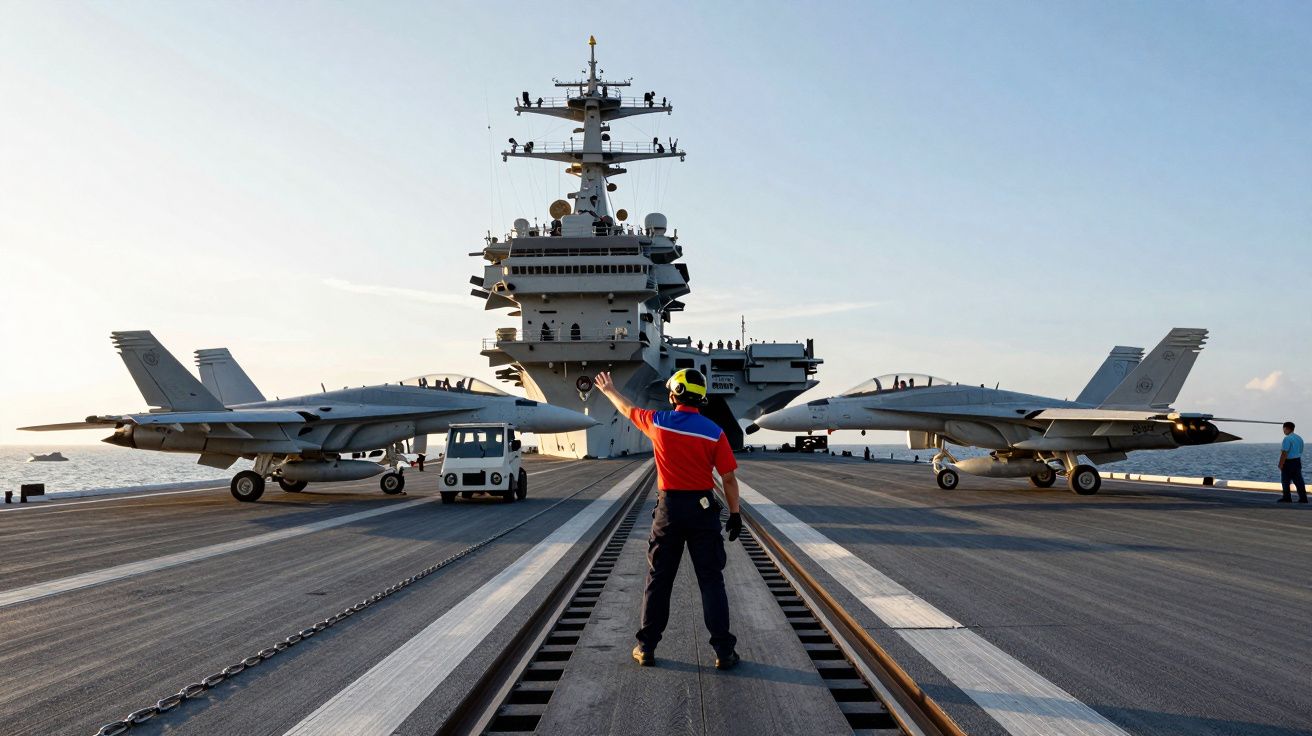 Pista de porta-aviões com dois caças e operador na popa, céu claro.