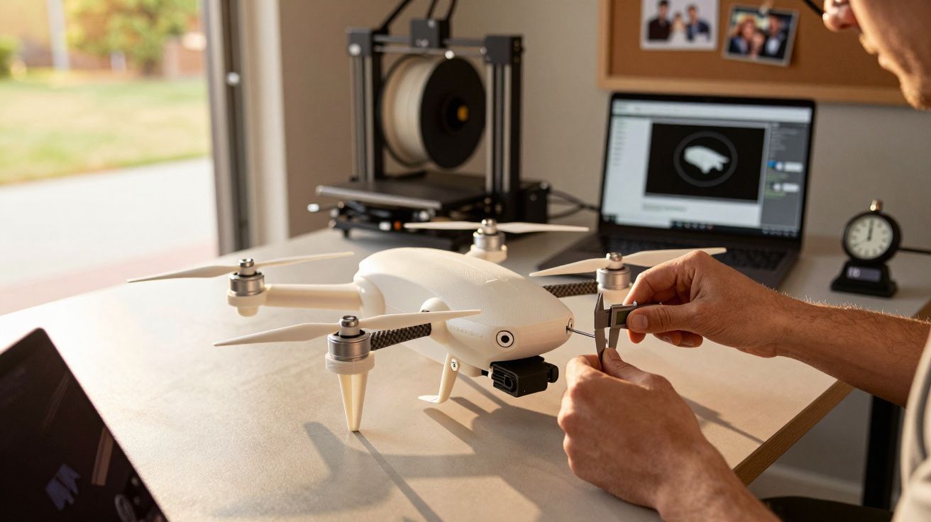 Pessoa ajusta um drone branco numa mesa, com computador e impressora 3D ao fundo.