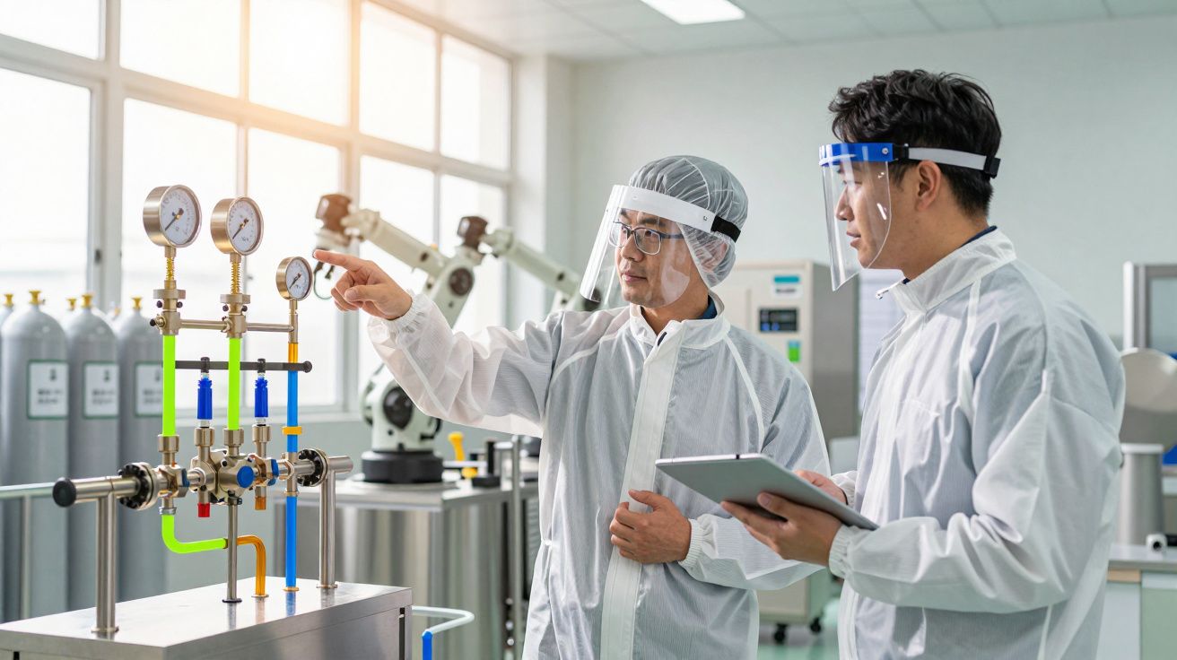 Cientistas em laboratório verificando manómetros, vestidos com equipamento de proteção e usando tablet.
