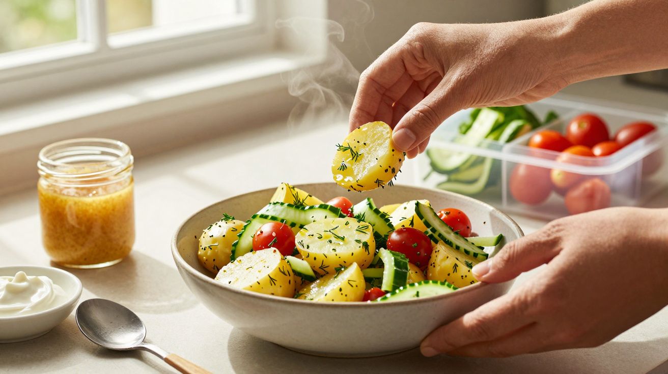 Mãos adicionando batatas a uma salada fresca com pepino e tomate. Frasco e colher ao lado.