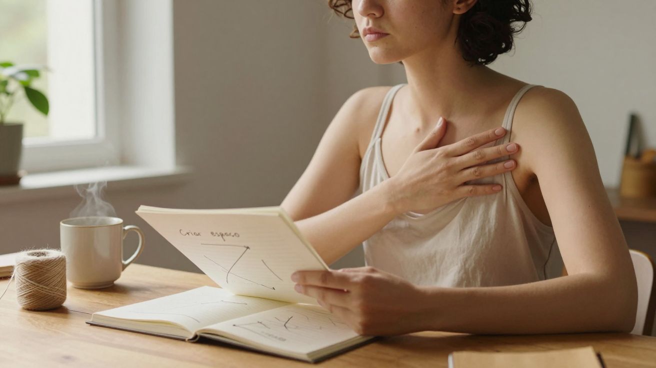 Mulher lê caderno à mesa, mão no peito, xícara com vapor ao lado e janela ao fundo.