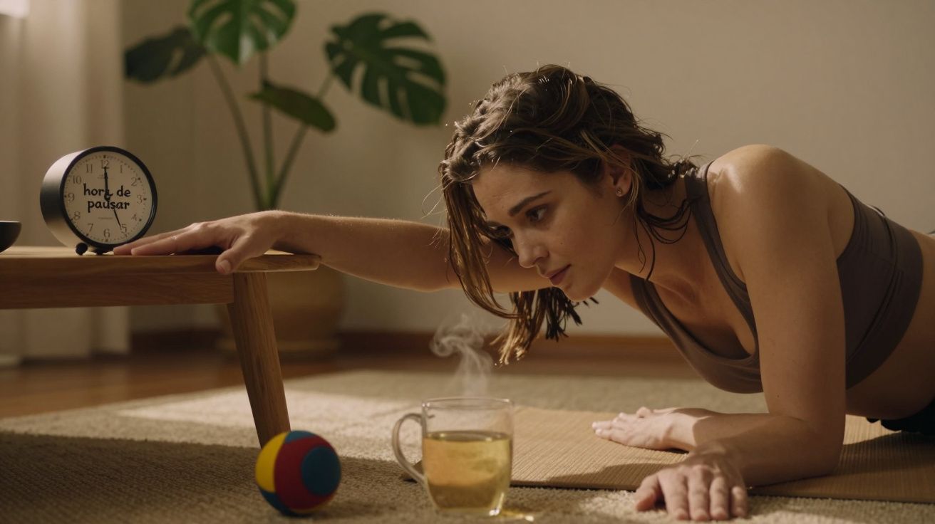 Mulher em roupa de treino alongando-se no chão ao lado de chá fumegante e relógio, com planta ao fundo.