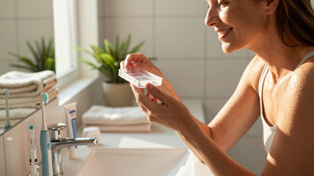 Mulher sorridente segura uma caixa de dentes, junto a uma pia de casa de banho iluminada pelo sol.
