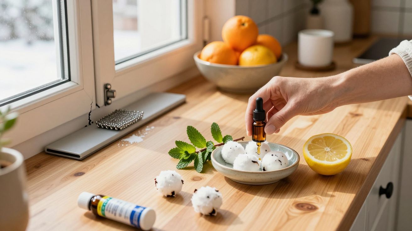 Mão a aplicar óleo em algodão num balcão de cozinha. Limão, folhas e laranja ao fundo.