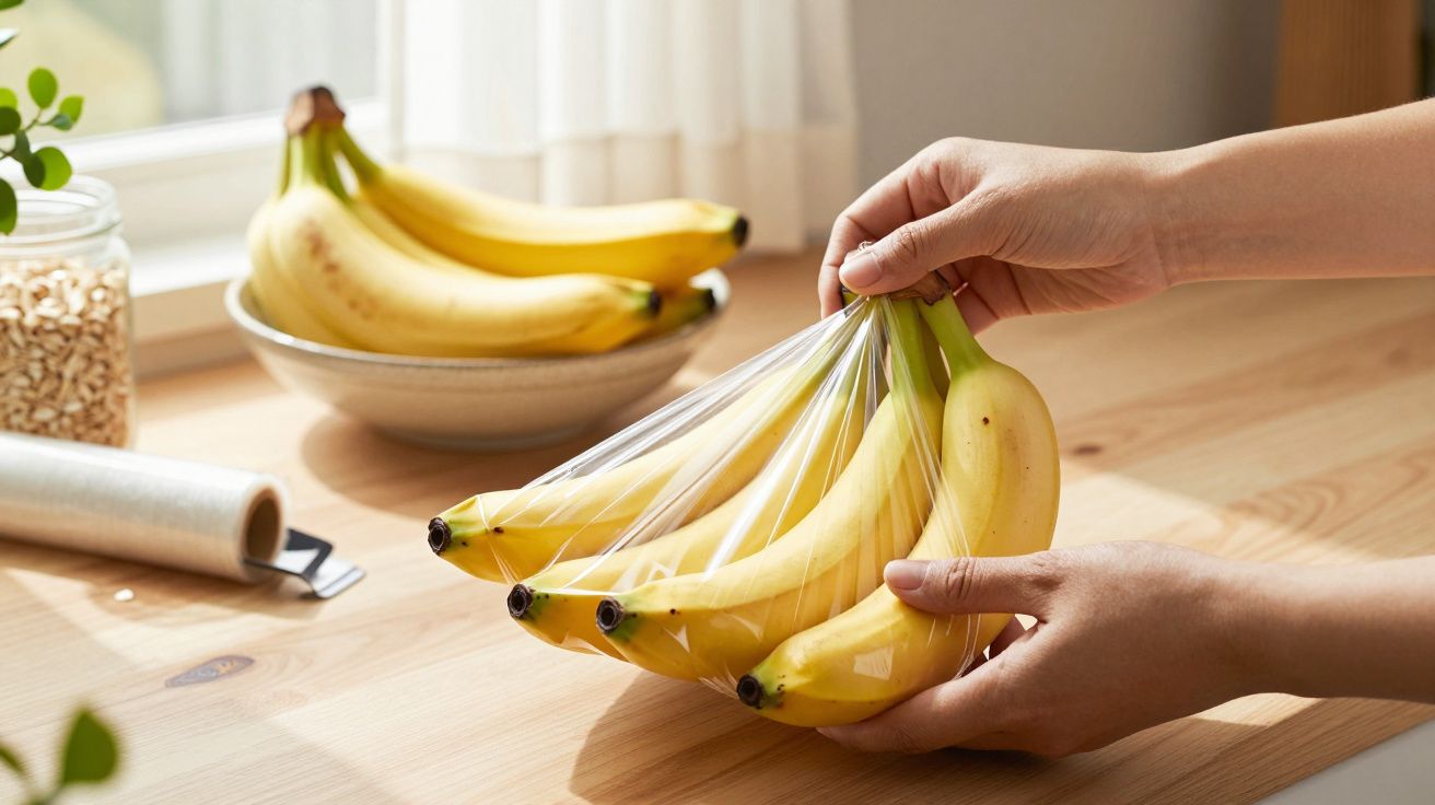 Mãos a envolver bananas maduras em película aderente numa cozinha iluminada, com mais bananas numa travessa ao fundo.