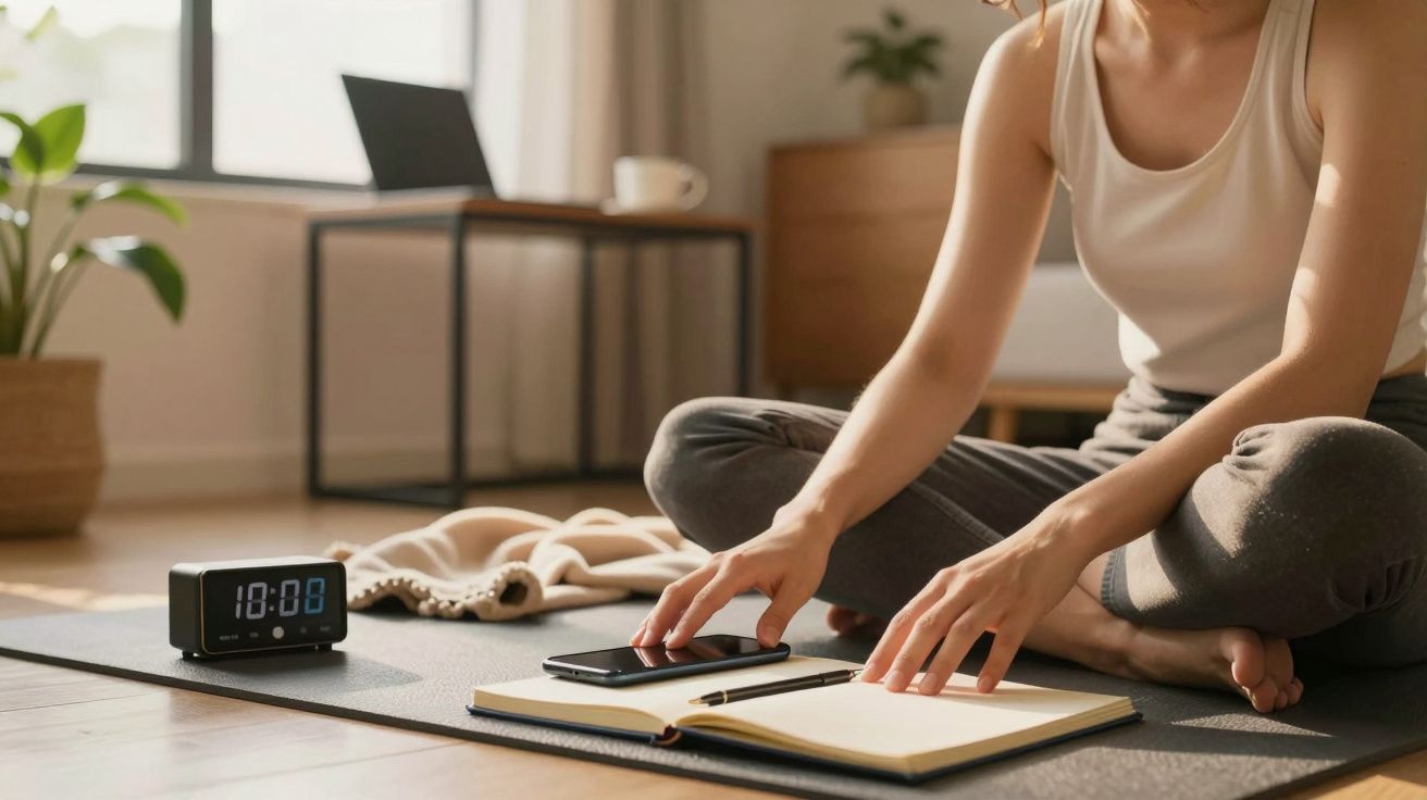 Mulher sentada no chão, a usar o telemóvel ao lado de um bloco de notas, com um relógio digital marcando 10:08.
