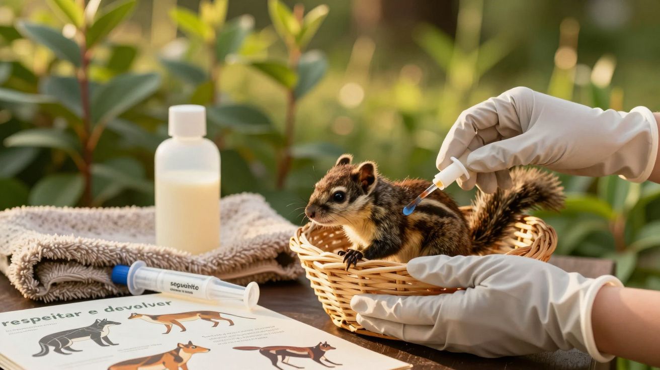 Veterinário cuida de esquilo num cesto; artigos de tratamento e livro sobre animais ao redor.