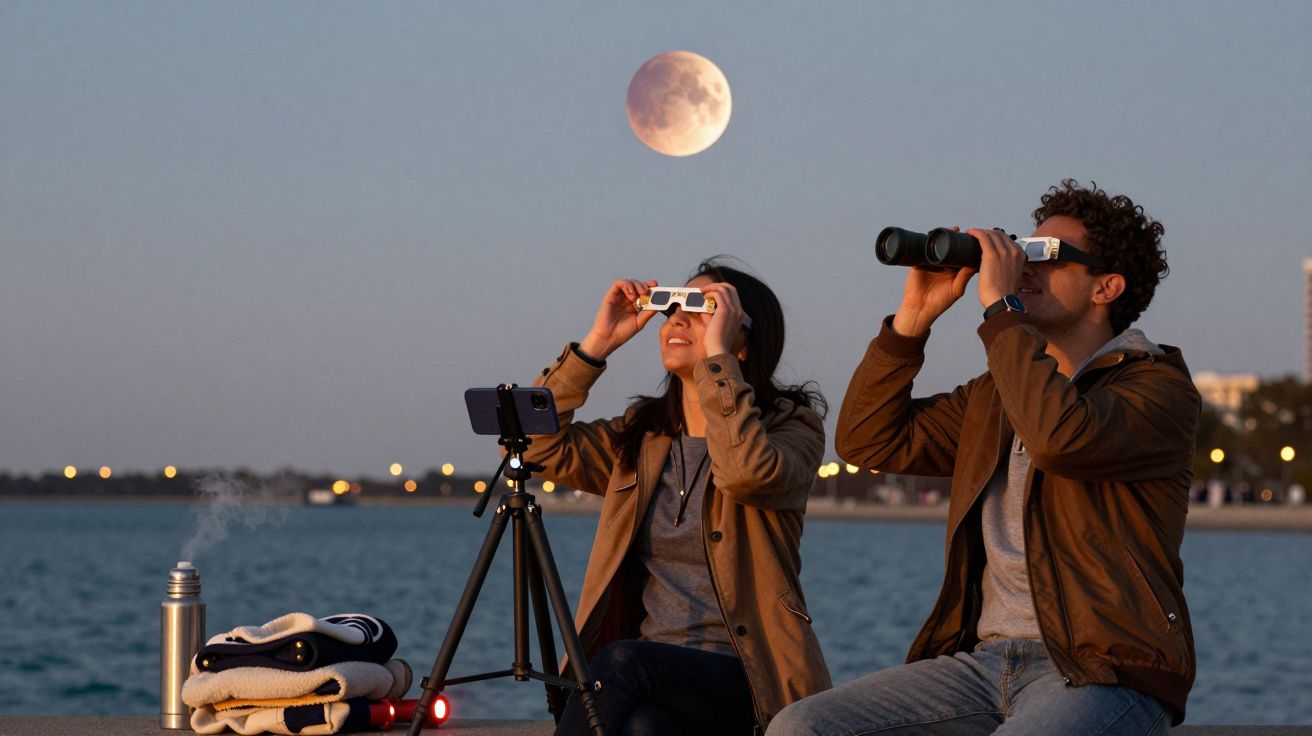 Duas pessoas observam um eclipse lunar perto da água com binóculos e óculos especiais.
