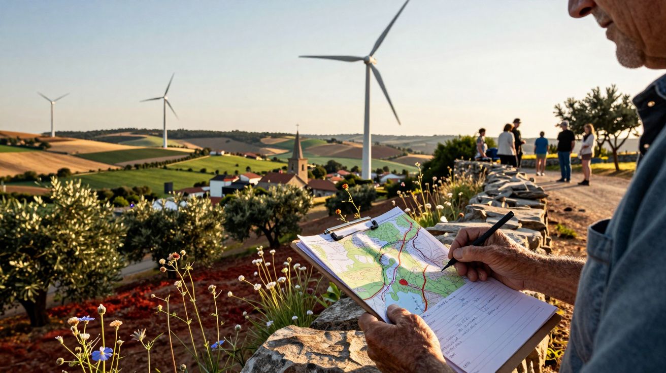 Pessoa observa paisagem rural com moinhos de vento ao fundo, desenhando um mapa. Outras pessoas apreciam a vista.