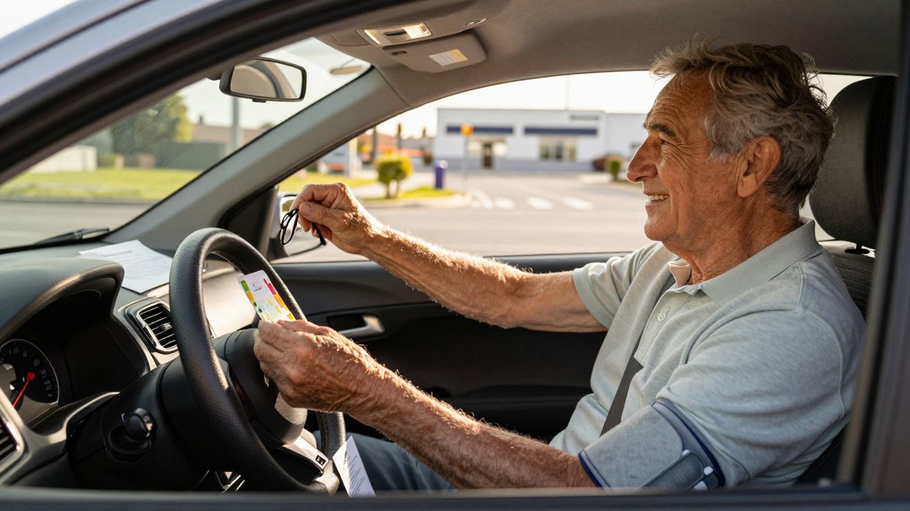 Homem idoso a sorrir, ajustando os óculos dentro de um carro estacionado, com fundo de estação de serviço visível.