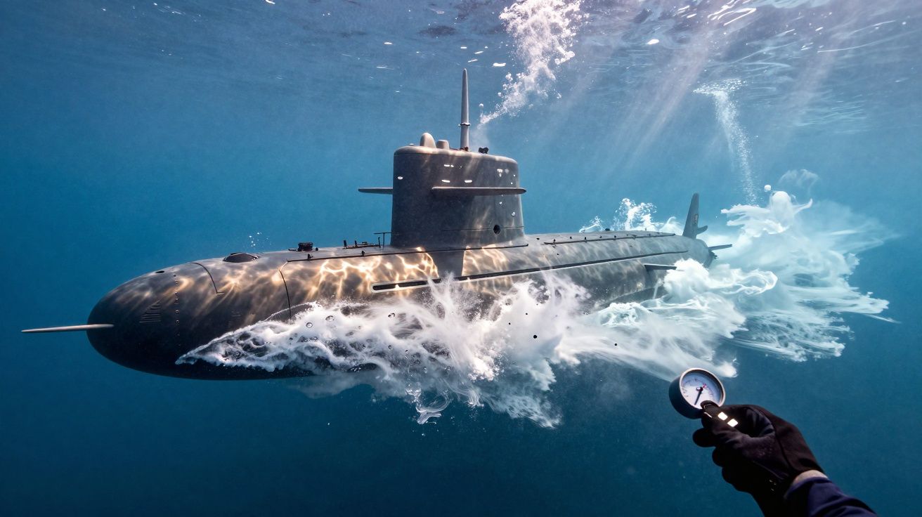 Submarino navegando debaixo d'água, cercado por bolhas, com uma mão segurando um relógio submerso em primeiro plano.