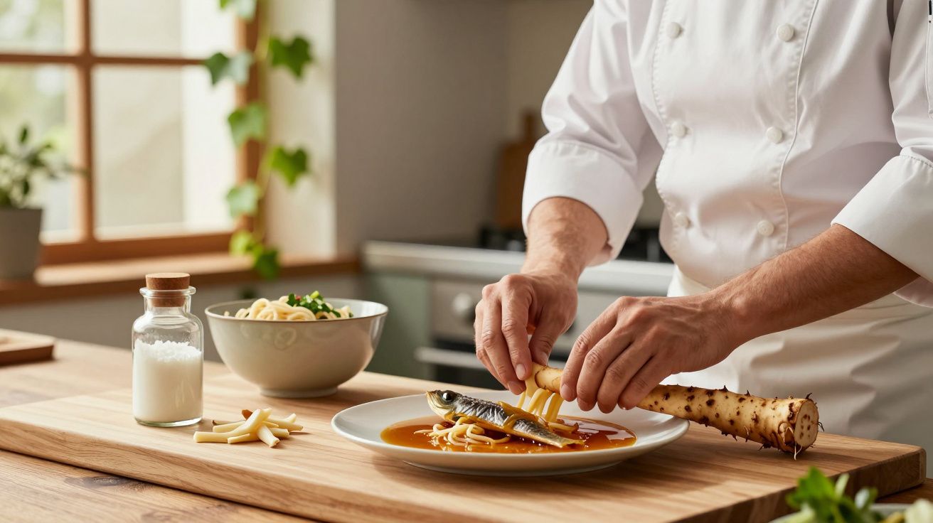 Chef a preparar prato de massa com sardinha em cozinha, próximo a janela e temperos.