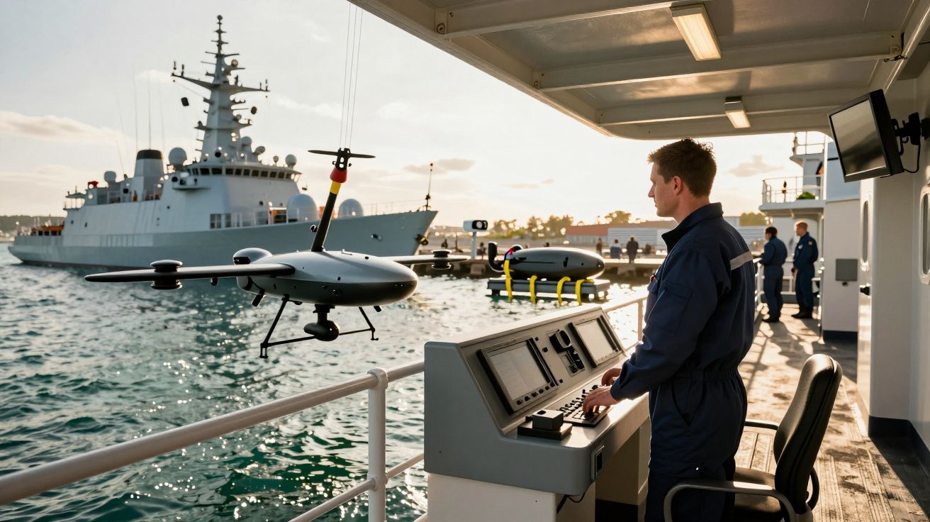Homem opera drone em barco militar com um navio ao fundo, em cenário de água e céu ensolarado.