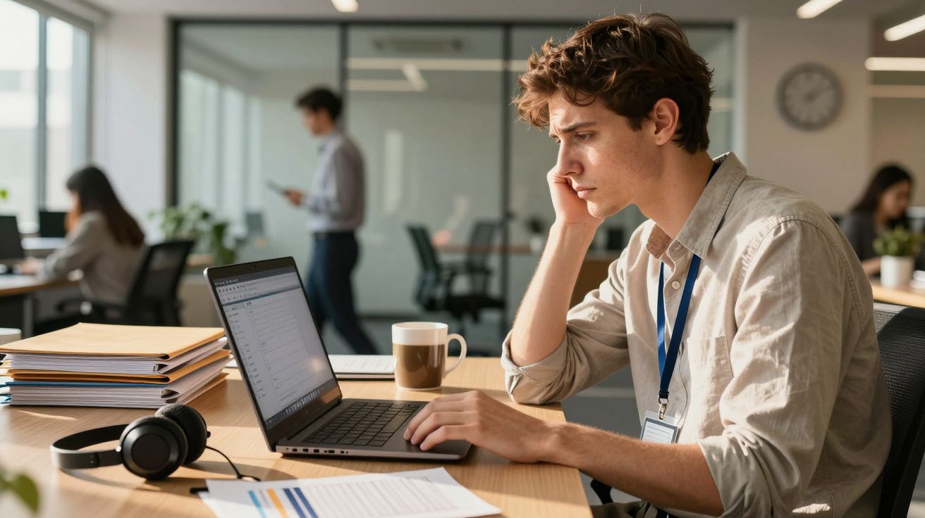 Homem concentrado a trabalhar num portátil num escritório, com auscultadores e chávena ao lado.