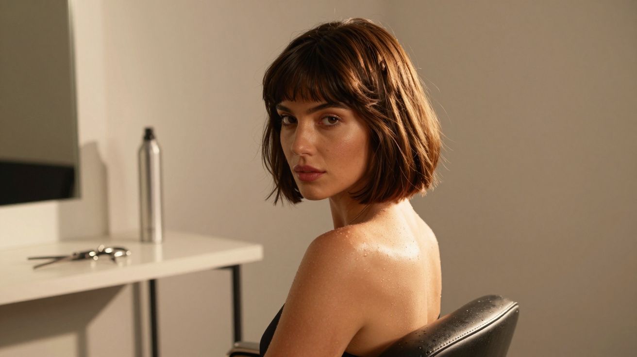 Mulher de cabelo curto castanho sentada em cadeira de cabeleireiro, olhando para trás, com mesa e produtos ao fundo.