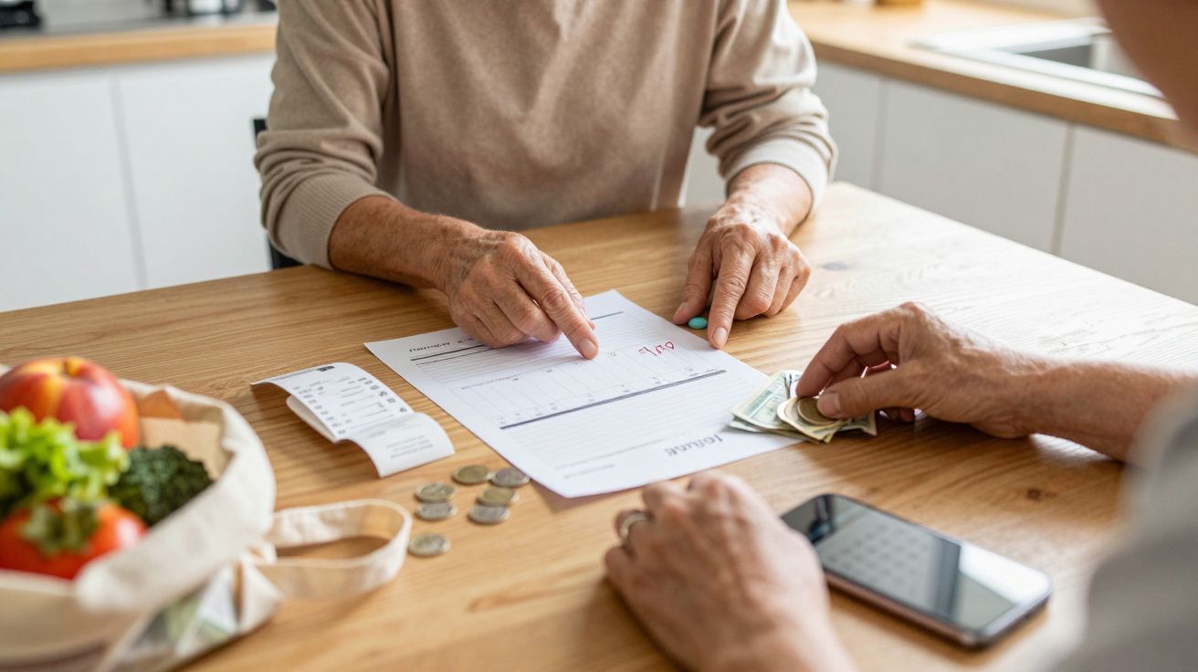 Duas pessoas a discutir finanças em casa, com documentos, dinheiro, moedas e recibo sobre a mesa de madeira.